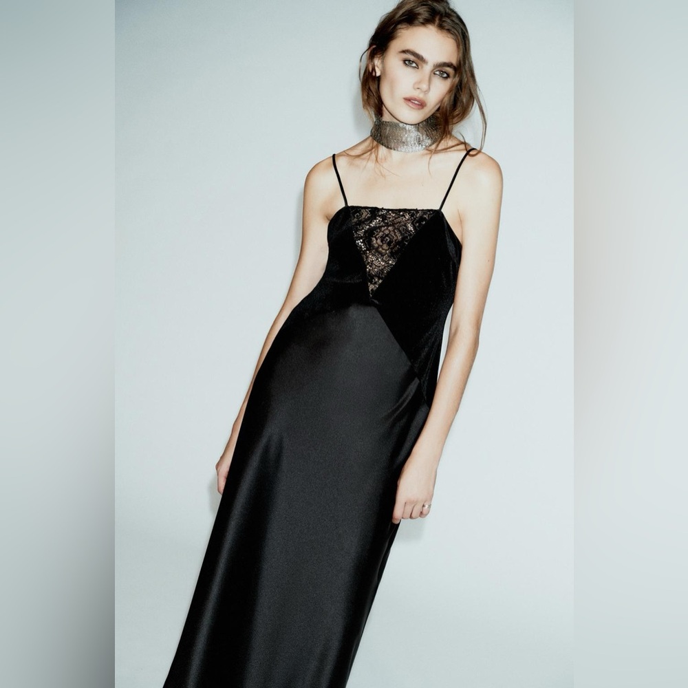 NWT Zara Satin Combination Midi Dress Lace, Velvet, Spaghetti Strap Size XS